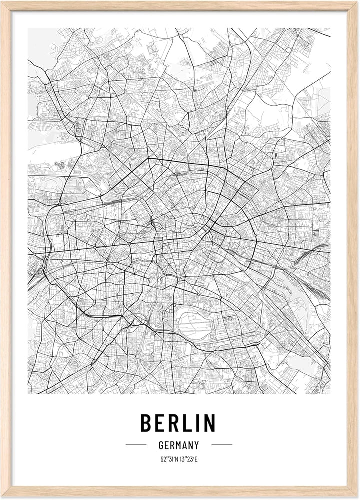 JUNOMI® Berlin Poster XL mit Rahmen Eiche, DIN A2 Wohnzimmer Deko, Modernes Wandbild, Berlin Bild, W