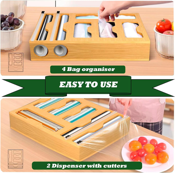 LudoHome Folien- und Bambusfolienspender mit Schneidemaschine, Gefrierbeutel-Organizer, 6-in-1 Küche