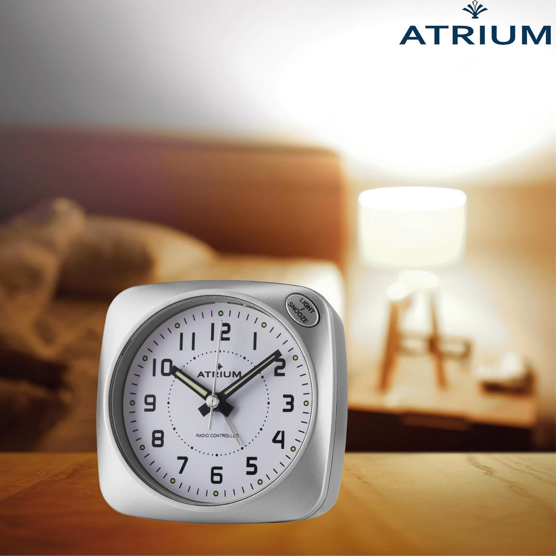 Atrium Funkwecker Analog Quarz ohne Ticken grosse Zahlen sehr deutlich mit Licht und Snooze Silber A