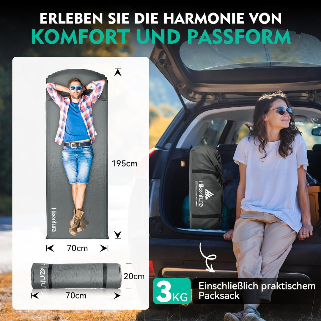 HIKENTURE Isomatte Selbstaufblasend, 8CM Dicke Camping Matratze aus Schaumstoff, Selbstaufblasbare L