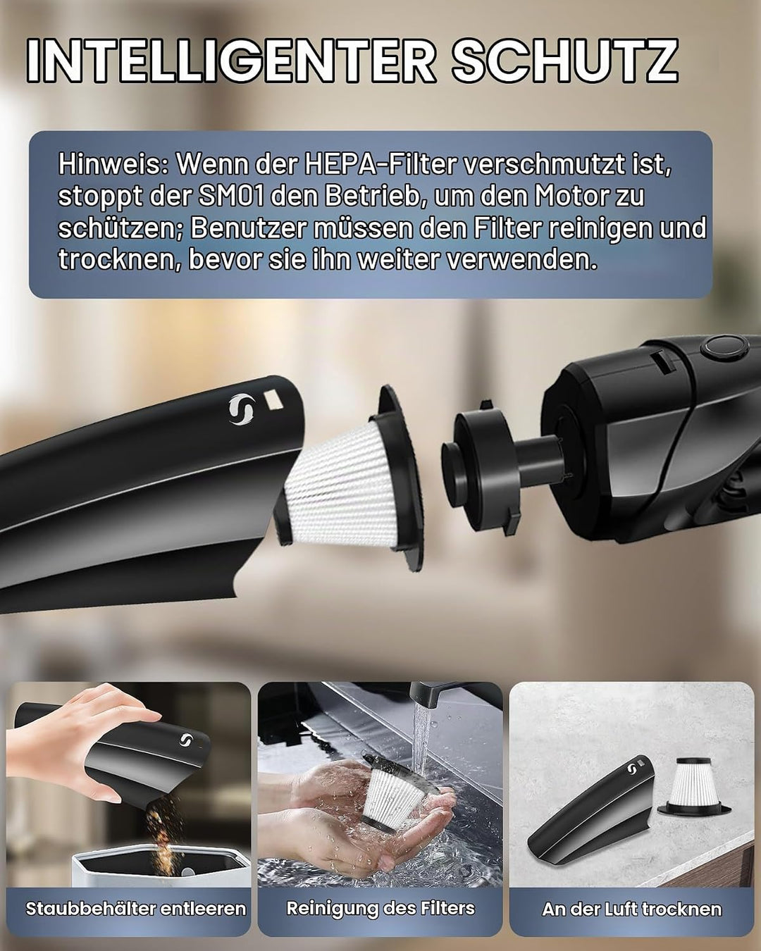 Handstaubsauger Akku, leistungsstarker Autostaubsauger, Mini Staubsauger mit Schnellladung und wasch