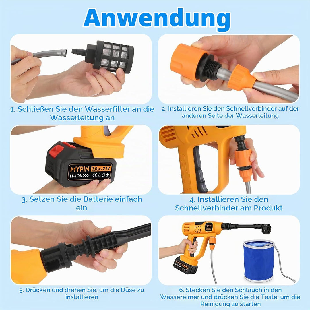 MYPIN Verbesserte LCD-Anzeige Tragbarer kabelloser Hochdruckreiniger, 790 PSI 21V 2 Batterien Druckr