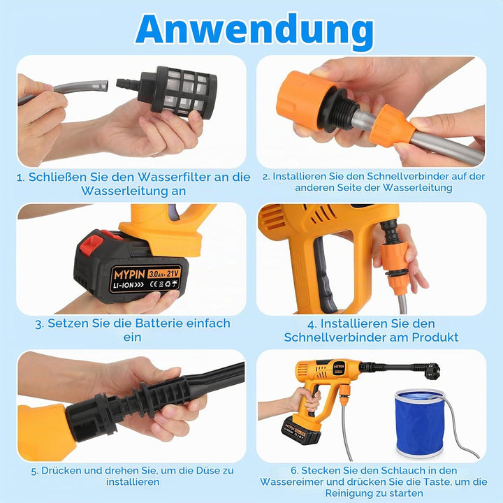 MYPIN Verbesserte LCD-Anzeige Tragbarer kabelloser Hochdruckreiniger, 790 PSI 21V 2 Batterien Druckr