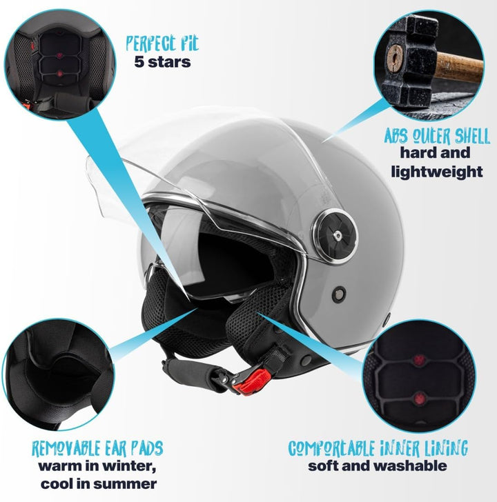 VINZ Tobia Jethelm mit Doppelvisier | Roller Helm mit Sonnenblende | In Gr. XS-XXL | ECE 22.06 Zerti