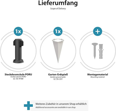ledscom.de Aussensteckdose PORU mit Erdspiess, wetterfest, 2-Fach, Edelstahl, anthrazit, rund, 27cm,