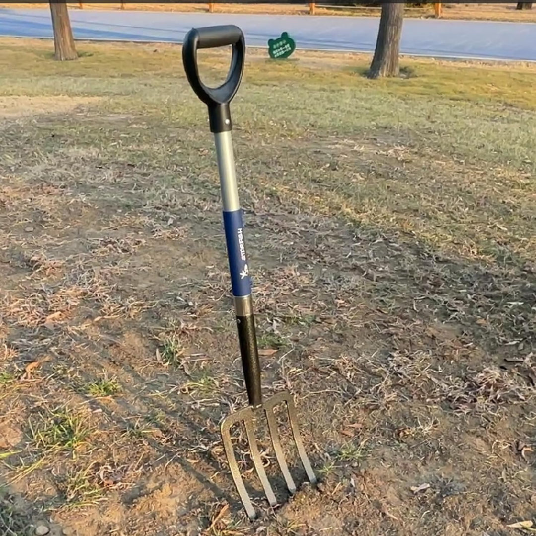 Mujocooker Grabgabel mit 4 Zinken, für Garten, Graben, Gabel, geschmiedeter Stahl, mit D-Grip-Griff,