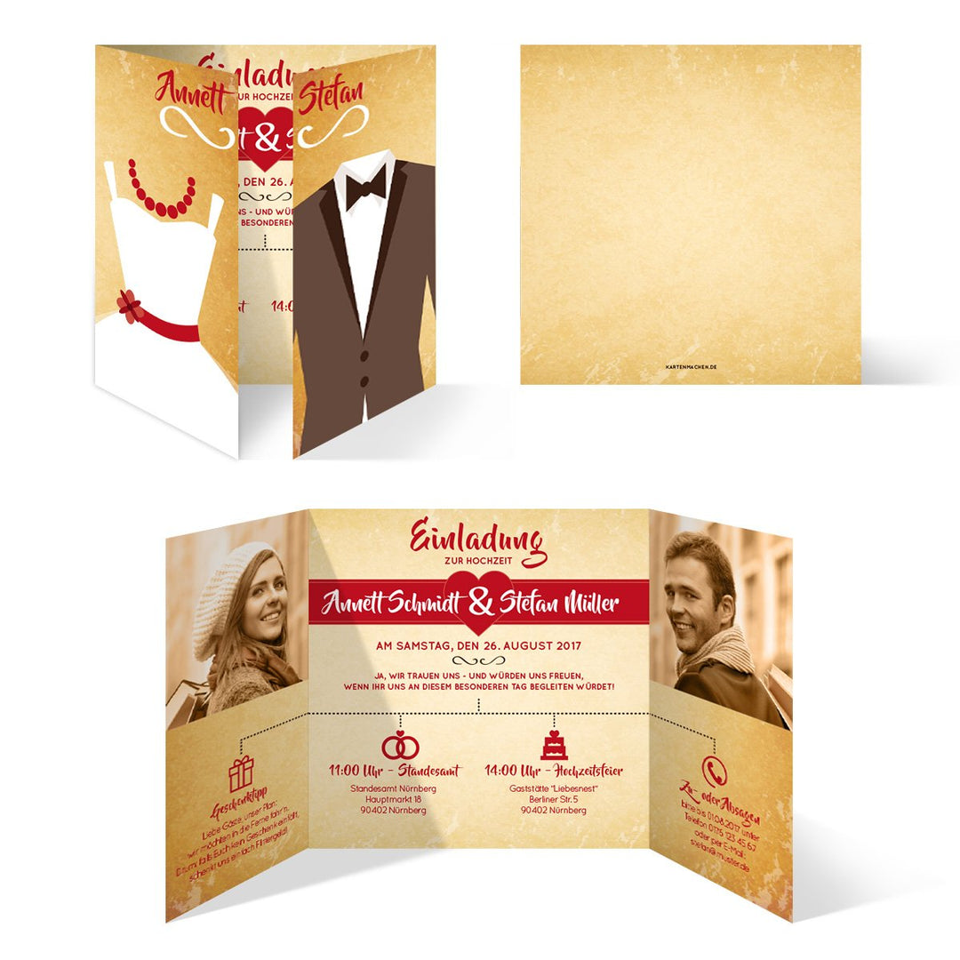 Hochzeitseinladungen (30 Stück) - Braut und Bräutigam Altarfalz - Hochzeitskarten in Vintage