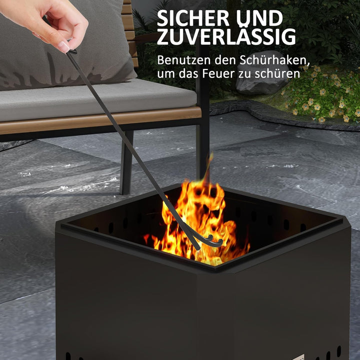Outsunny Feuerschale, quadratischer Feuerstelle, rauchfreier Feuerkorb mit Schürhaken, Tischfeuer fü