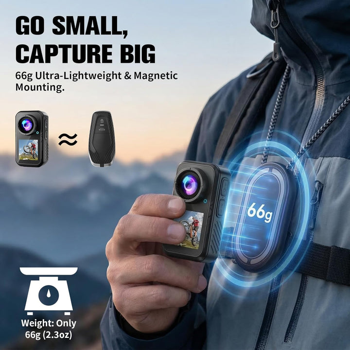 Action Cam 5K, Mini Sportkamera WiFi mit 64G, Tragbare Action Kamera Mit Doppelseitigen Displays Vor