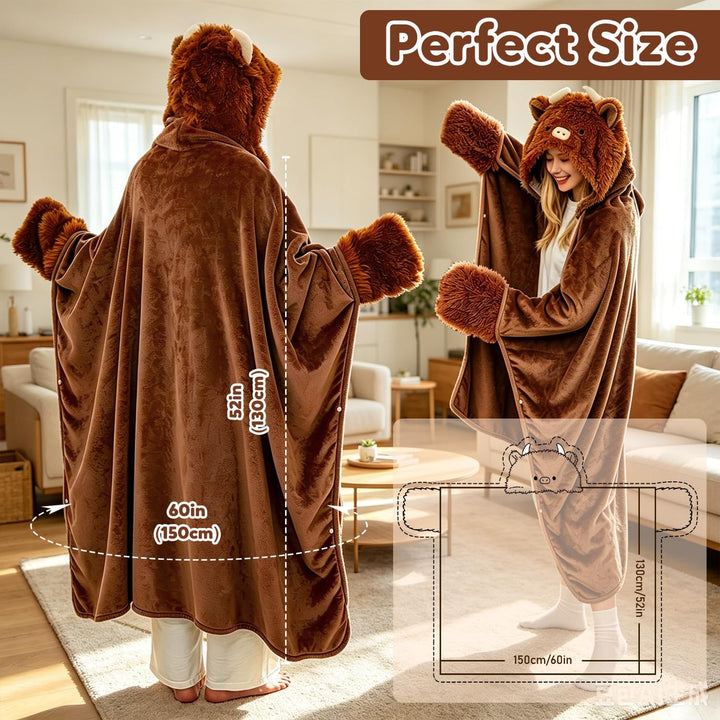 SQEQE Tragbare Decken mit Kapuze und Handschuhen Hoodie Decke Sofadecke Cartoon Kuscheldecke für Dam