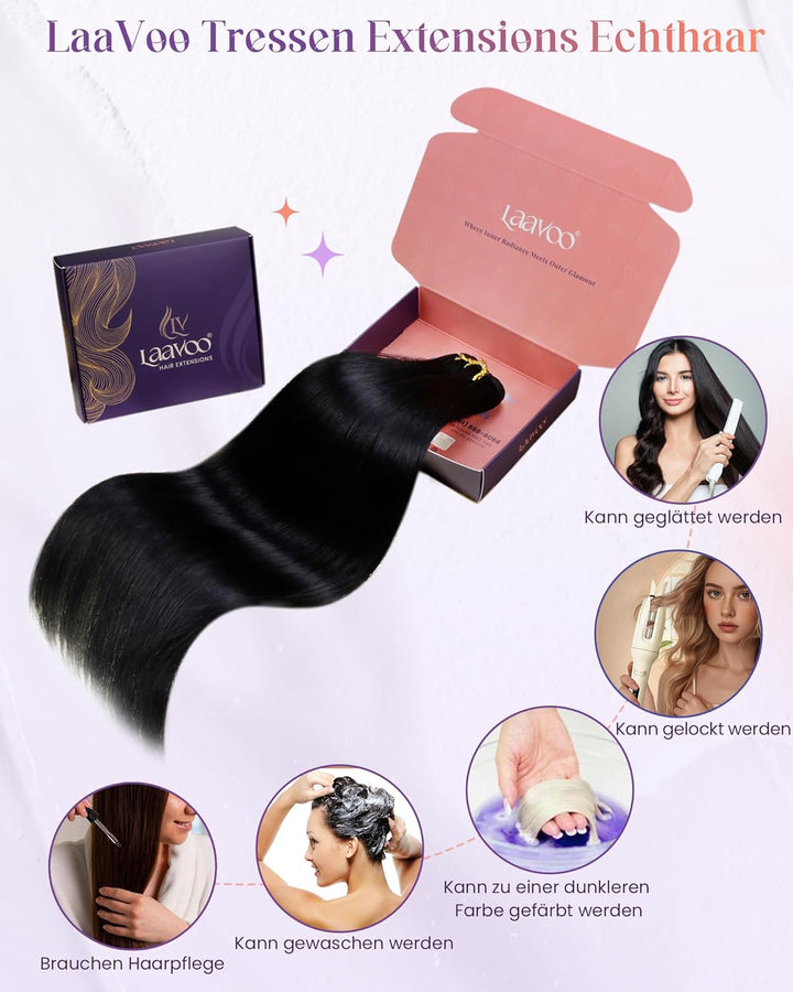 LaaVoo Tressen Extensions Echthaar Schwarz Haarverlängerung Echthaar Weave 40cm Haartressen Extensio