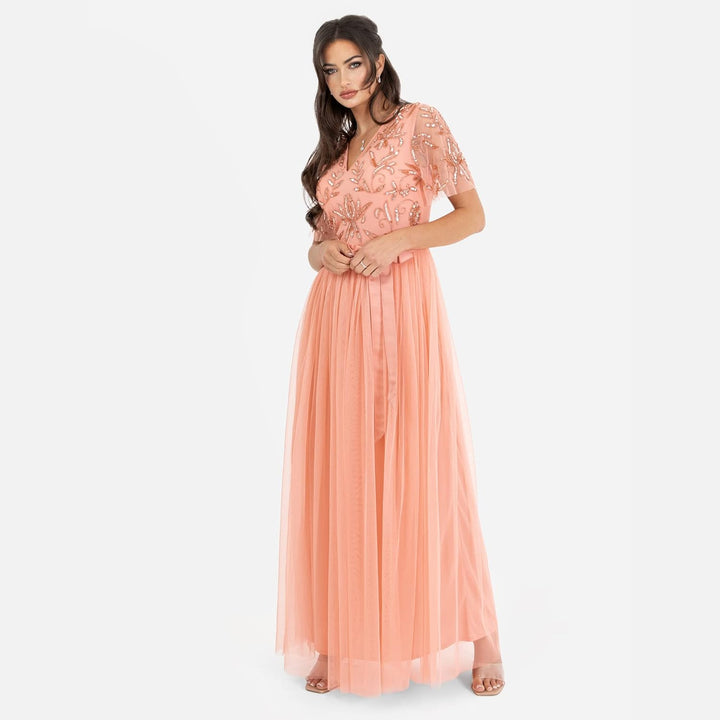Maya Deluxe Damen Womens Maxi Dress Ladies Ball Gown for Wedding Guest Embellished Tie Waist V Neck