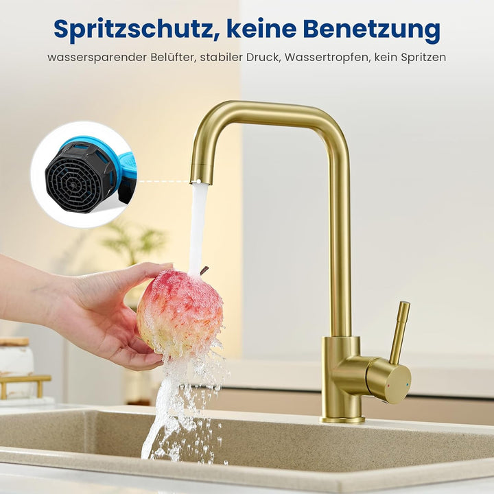 CECIPA Wasserhahn Küche Gold, 360° Drehbar Hochdruck Armatur Küche, Armatur mit Brause, Gold