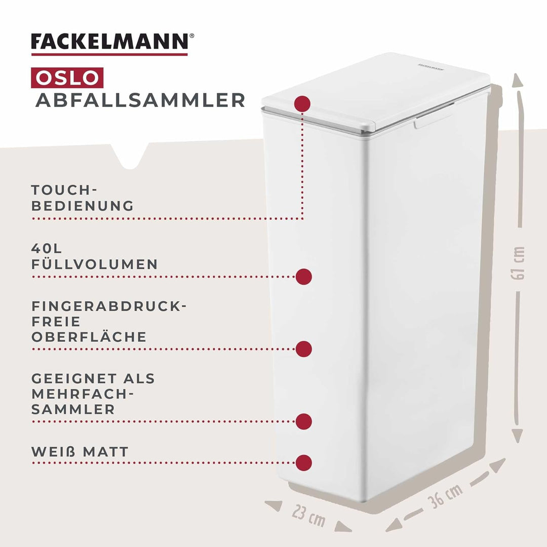 Fackelmann OSLO Touch Abfallsammler 40L, Weiss – Ideal als Mehrfachsammler, leicht & robust mit sanf