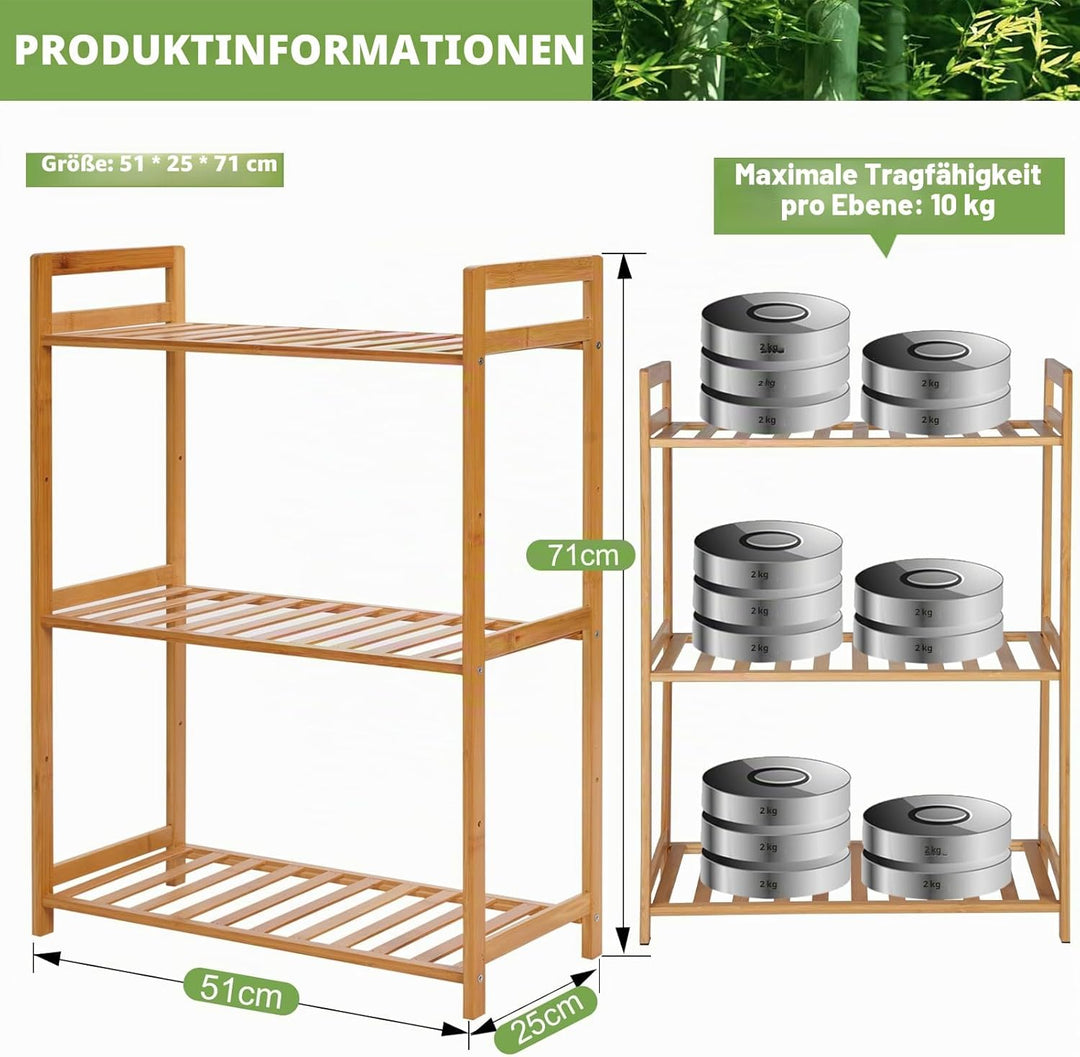 PACHIRA Standregal mit 3 Ablagen, 51 x 25 x 71 cm Bambusregal, Stehendes Lagerregal Aus Bambus, Als