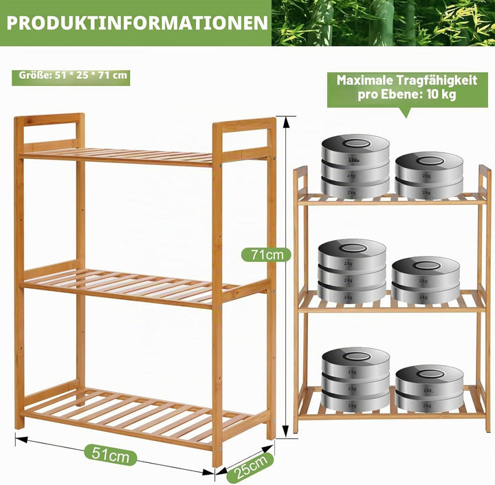 PACHIRA Standregal mit 3 Ablagen, 51 x 25 x 71 cm Bambusregal, Stehendes Lagerregal Aus Bambus, Als