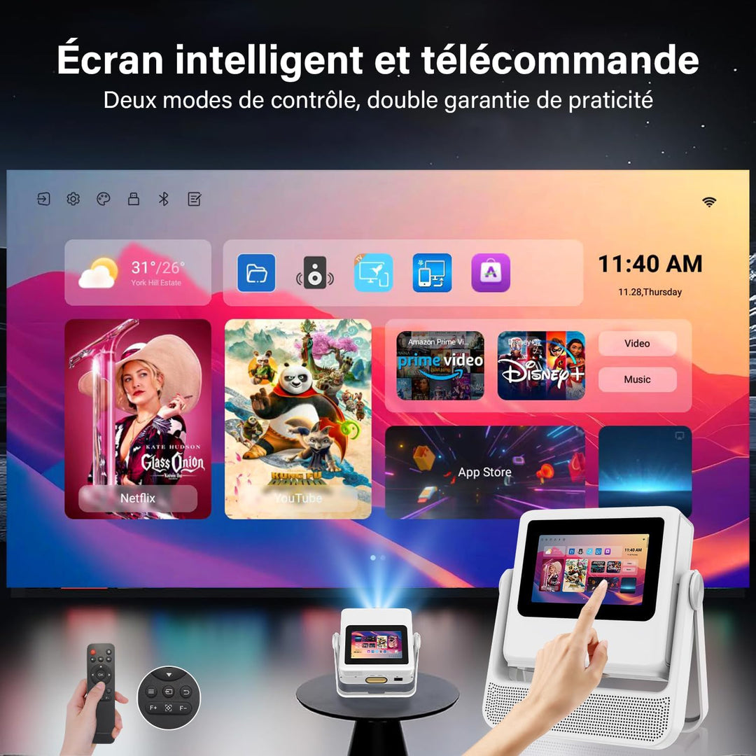 Smart Mini Beamer 4K-Unterstützung mit Touchscreen, 1100ANSI Outdoor Projektor, Autofokus & Trapezko