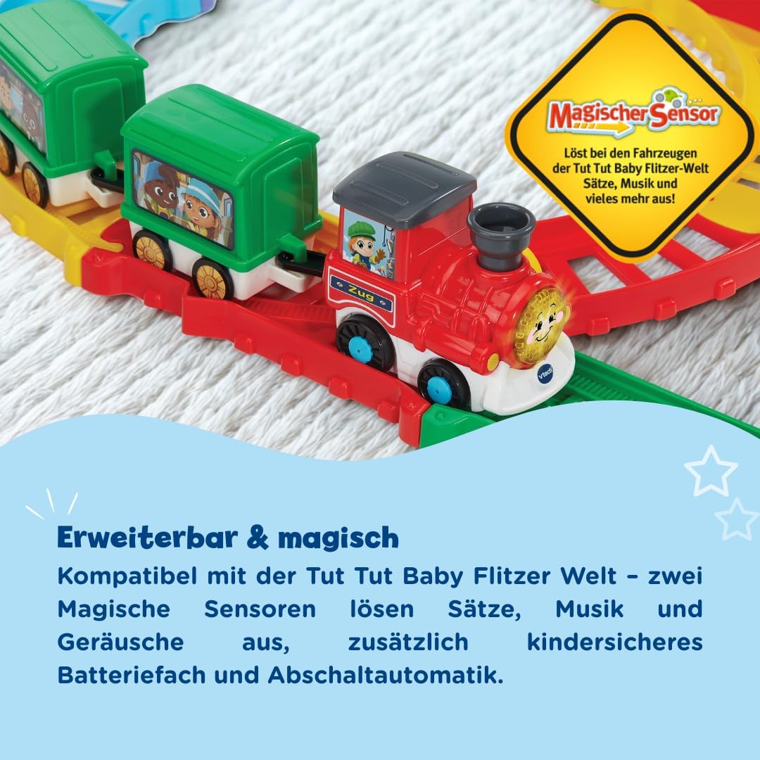 VTech TUT TUT Baby Flitzer Kleiner Bahnhof – Interaktives Spielset mit Zug, Schranke, Weichen & Magi