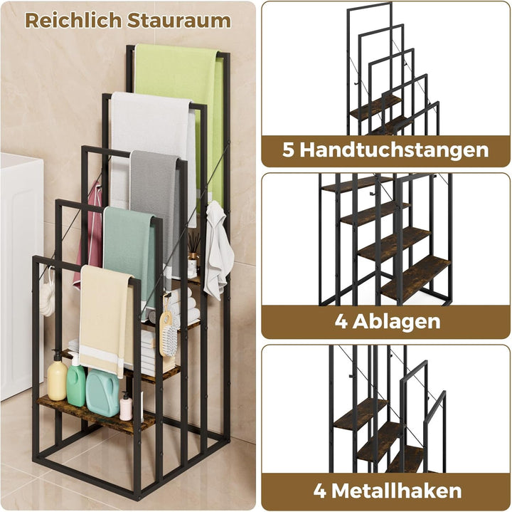 Handtuchständer, Handtuchhalter Stehend mit 5 Handtuchstangen, 4 Ablagen, 4 Haken, Freistehender Bad