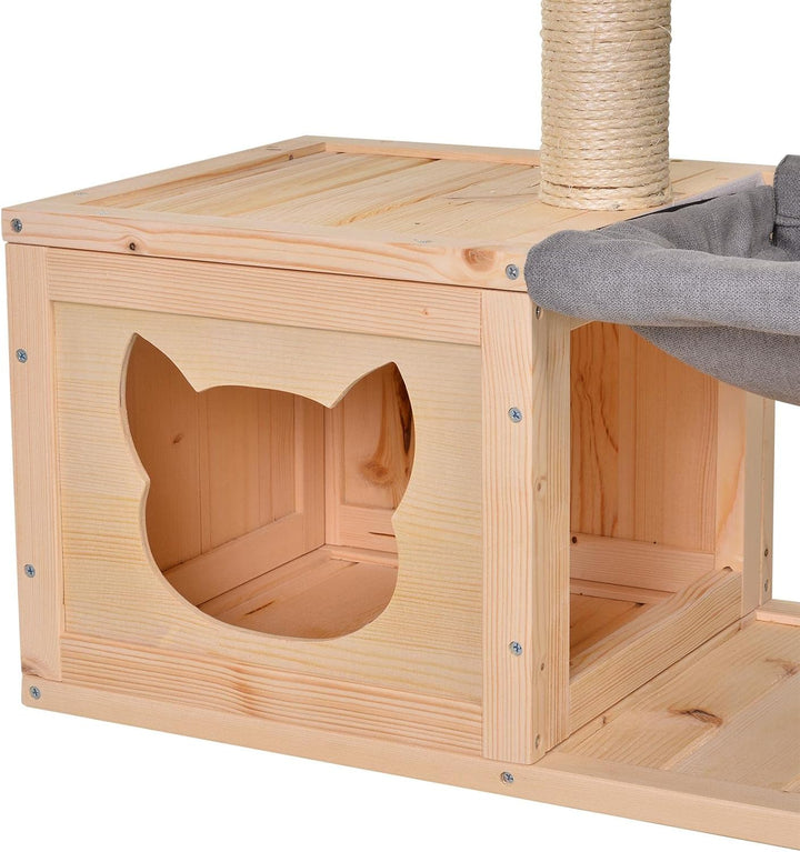 PawHut Katzenhöhle, Katzenbett mit Hängematte, Sisalstamm, Plattform Katzenhaus aus Holz Kratzbaum f