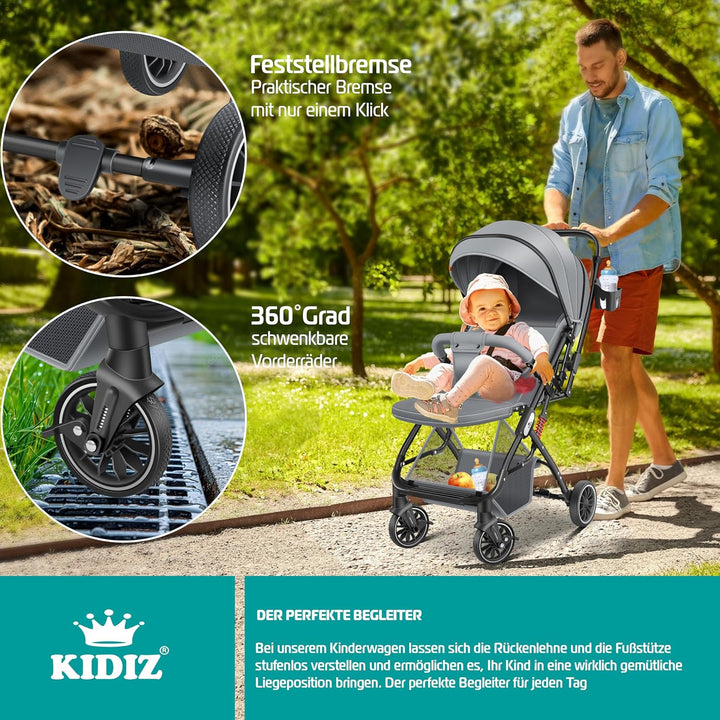 KIDIZ® Kinderwagen Kinderbuggy klappbar Liegebuggy Sportwagen Faltbar 360° Räder 5-Punkt Gurt Inkl.