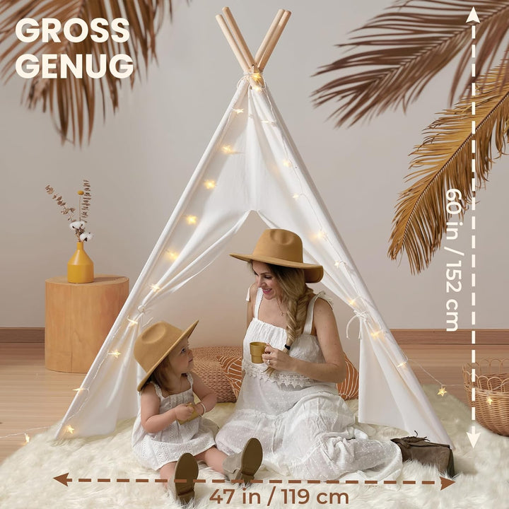 Tiny Land Tipi Spielzelt für Kinder mit Gepolsterter Decke & Lichterkette & Aufbewahrungstasche Baum