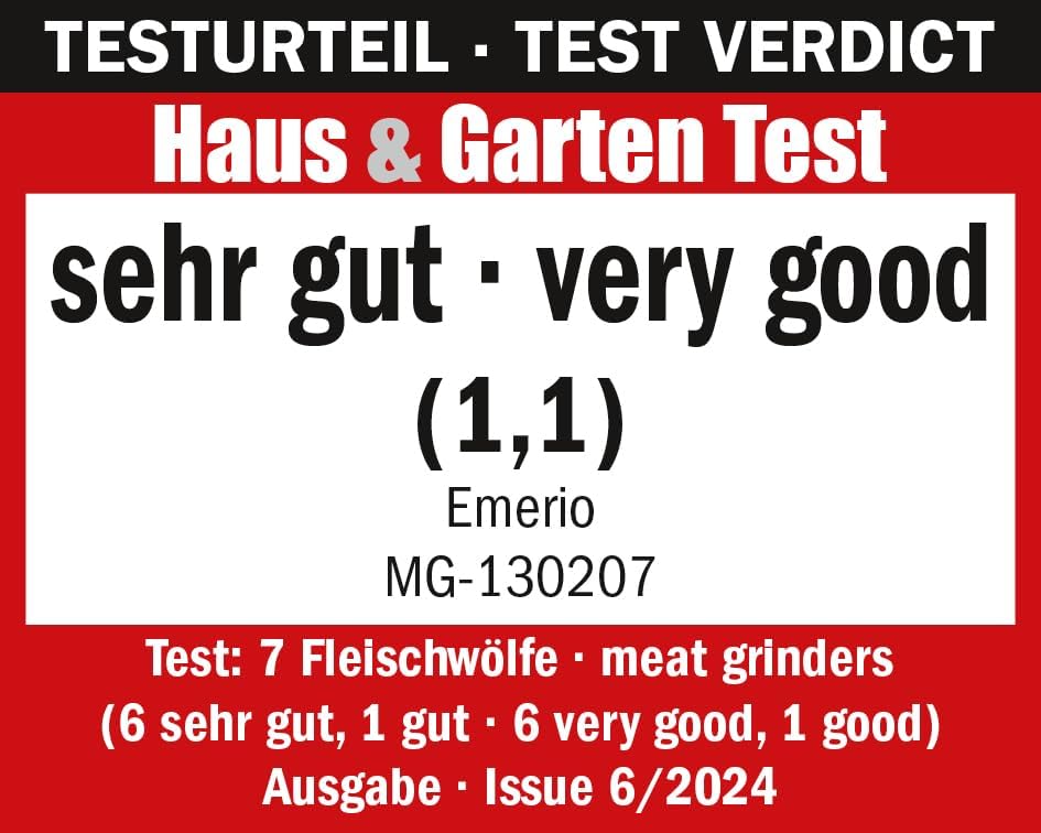 Emerio Fleischwolf | elektrisch | 3 Fleischeinsätze (fein/mittel/grob) + Wurststopfaufsatz + Kebbeau