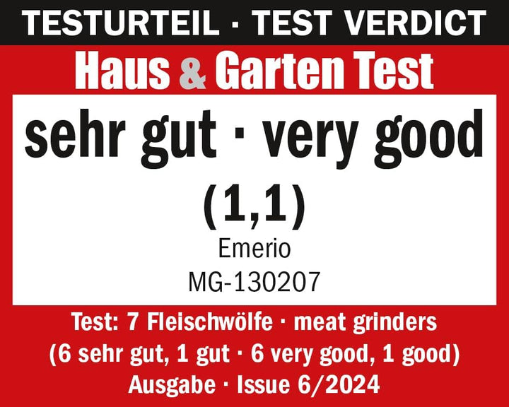 Emerio Fleischwolf | elektrisch | 3 Fleischeinsätze (fein/mittel/grob) + Wurststopfaufsatz + Kebbeau