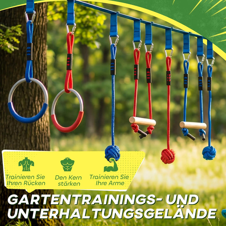 AIYAPLAY Ninja Line Kinder 10m 9-teilig Slackline Set mit 2 Turnringe, 3-in-1 Schaukel, 2 Klettersta