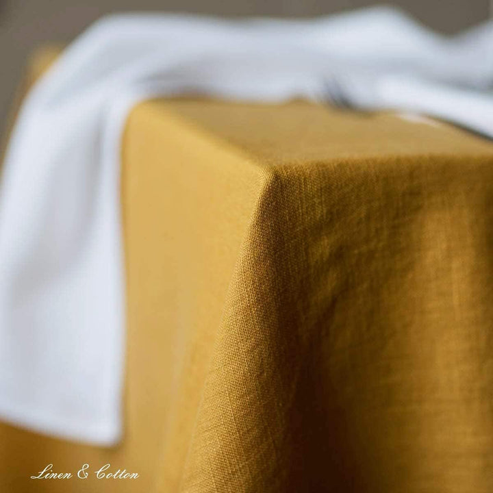 Linen & Cotton Tischdecke Stoff Tischtuch Tischwäsche Hygge - 100% Leinen, Senfgelb/Gelb (80 x 80 cm