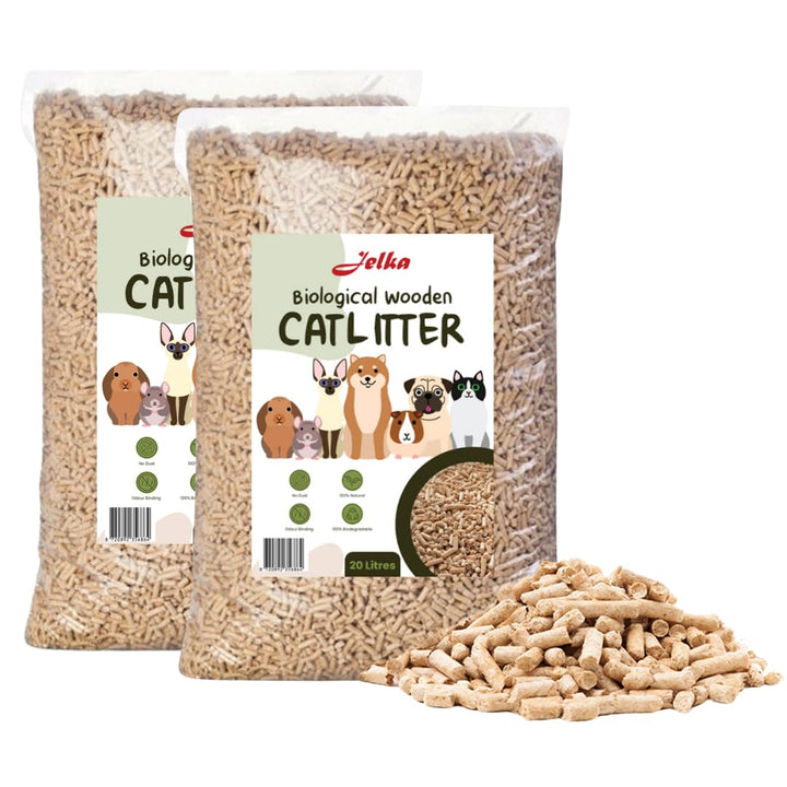 Jelka Holzstreu Katzenstreu 2 x 10KG (20kg - 40L) - Biologisch abbaubare Holzkörner - 100% Natur