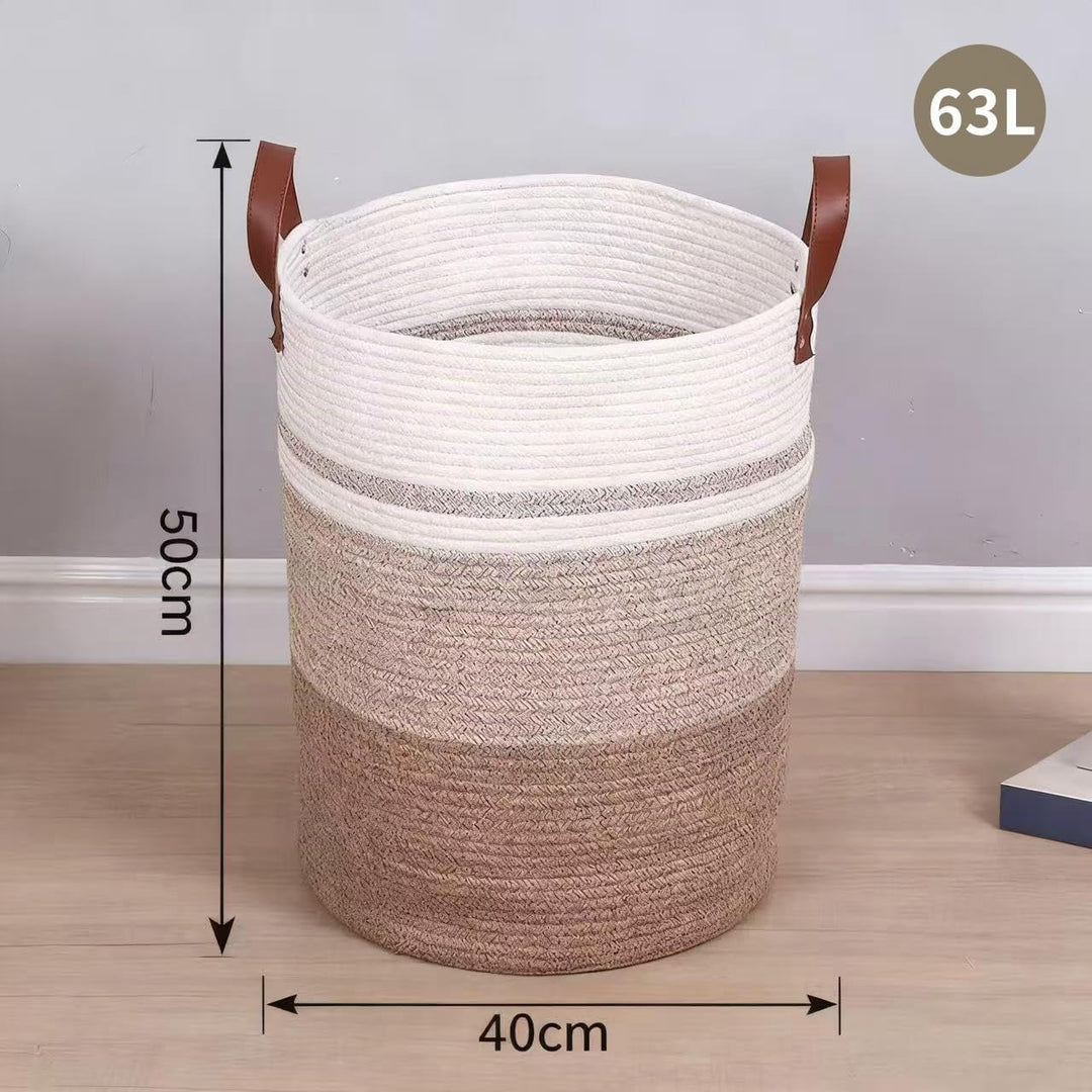Grosser Wäschekorb aus Baumwollseil, 63L Kapazität, 50 x 40 cm, Weiss-Beige mit Ledergriffen (YM), Y