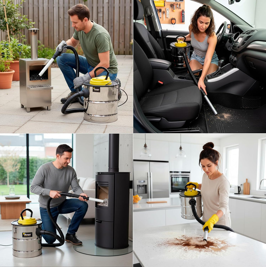 Aschesauger für Kamine, Pellets und Grills - 1.200W Leistung - 20 L Fassungsvermögen - Aus Edelstahl
