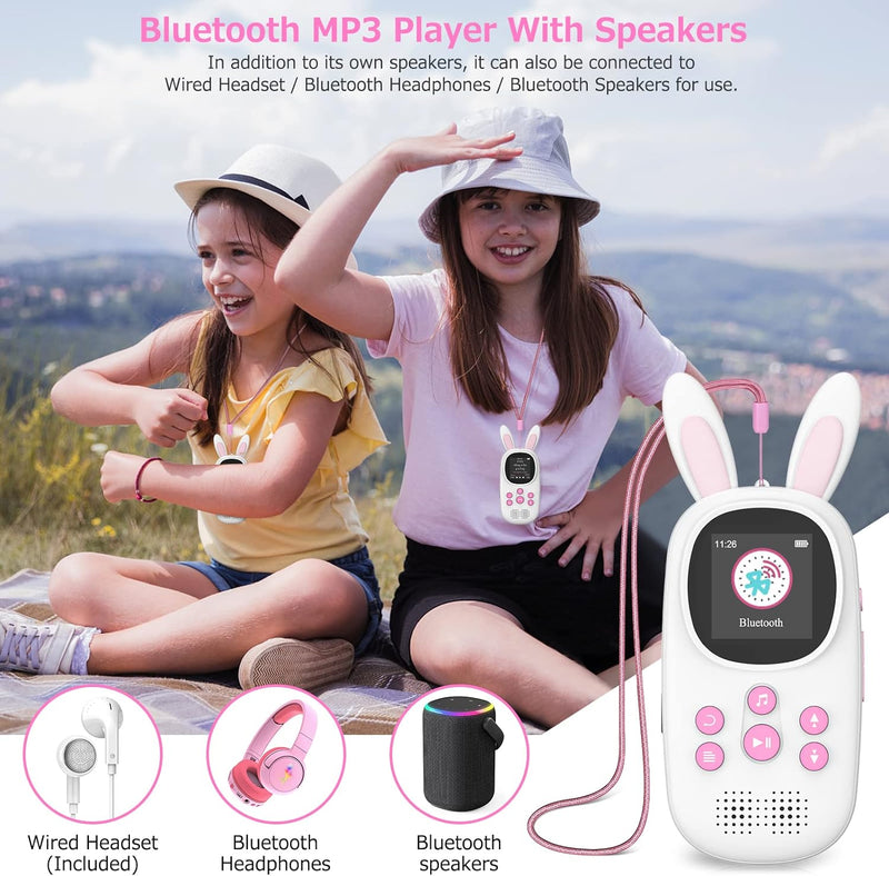 16GB Bluetooth MP3 Player , Niedlicher Hase Kinder Musik Player mit Kopfhörer & Lautsprecher, mit FM