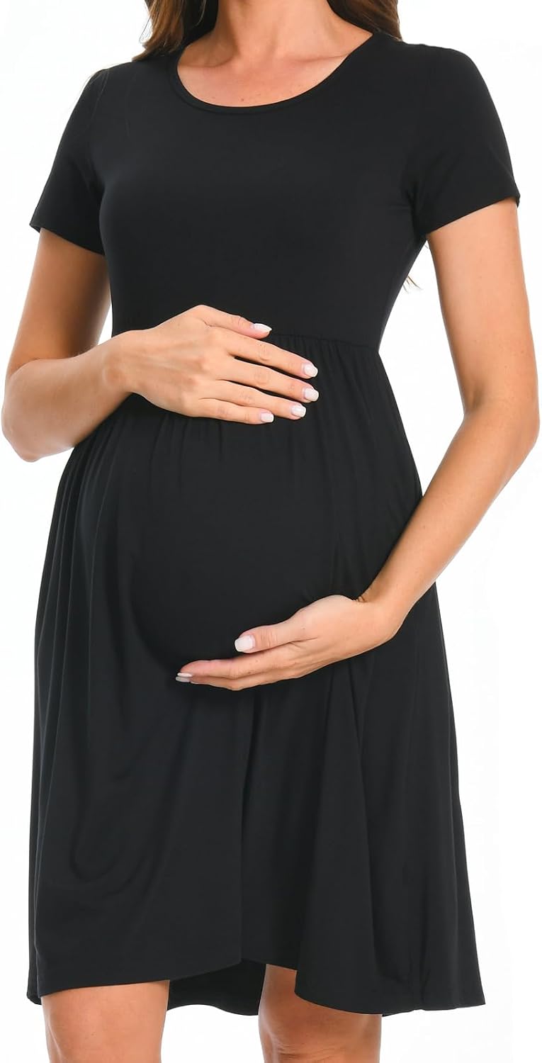 Bearsland Women’s Long Sleeve Maternity Dresses Patchwork Pregnancy Dress with Pocket L Dark, L Dark