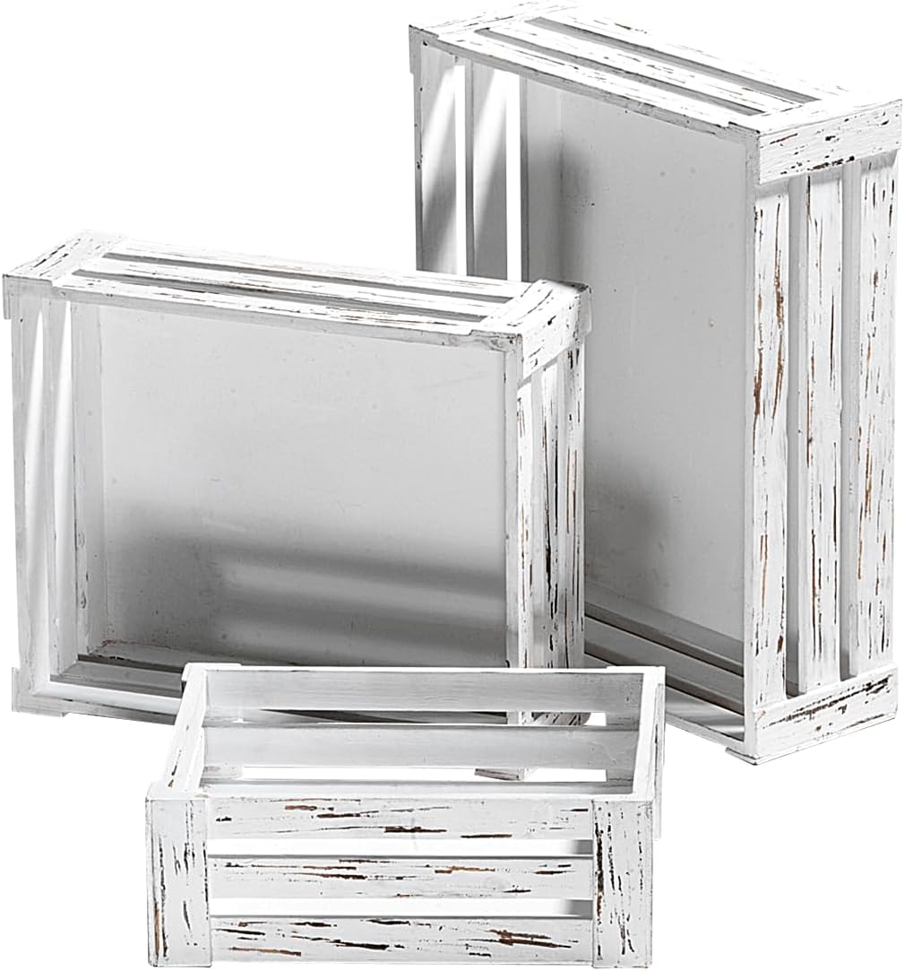 Deco Woerner Holzkisten-Satz antik 3teilig weiss aus starkem Holz im Vintagelook 28, 34, 40 cm
