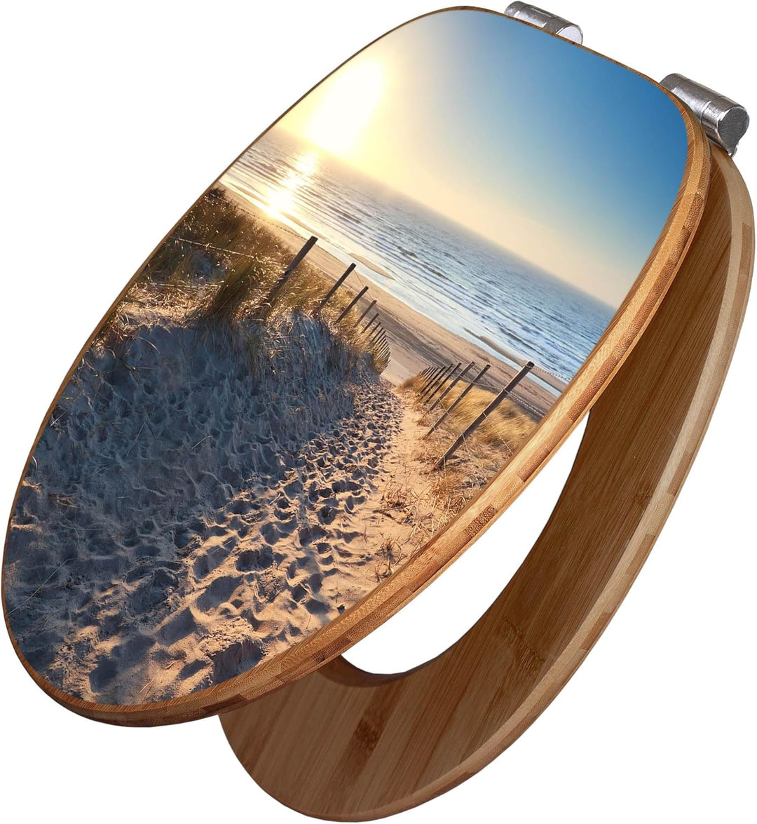 banjado® Design WC Sitz Bambus Absenkautomatik mit Motiv Nordseestrand/Toilettendeckel mit Absenkaut