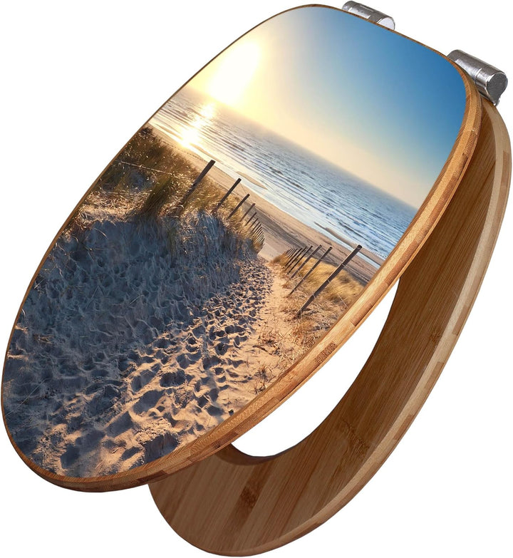 banjado® Design WC Sitz Bambus Absenkautomatik mit Motiv Nordseestrand/Toilettendeckel mit Absenkaut