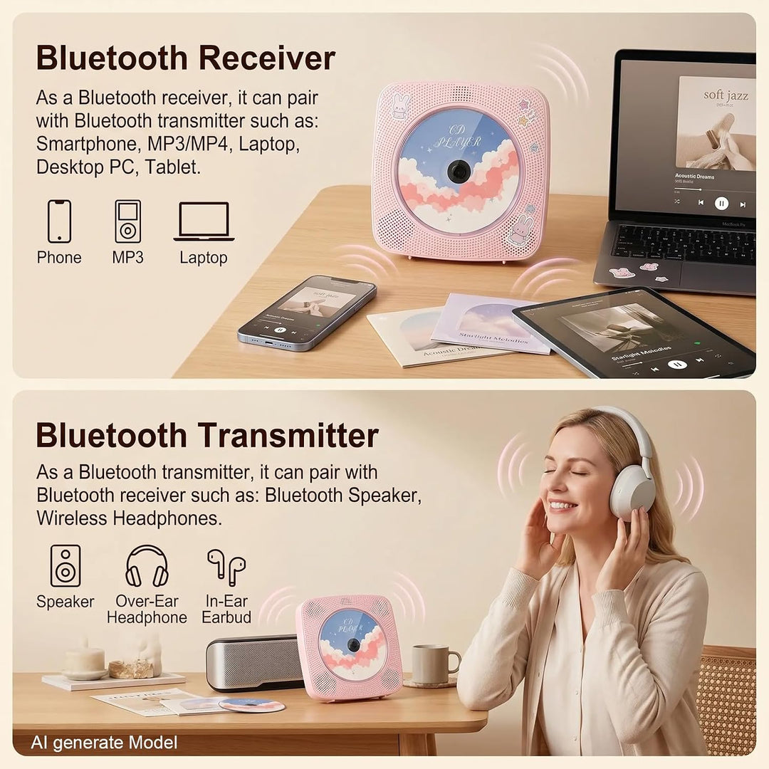 Gueray Desktop CD Player Bluetooth CD-Spieler mit Lautsprechern für Zuhause 1800mAh Tragbarer CD-Pla