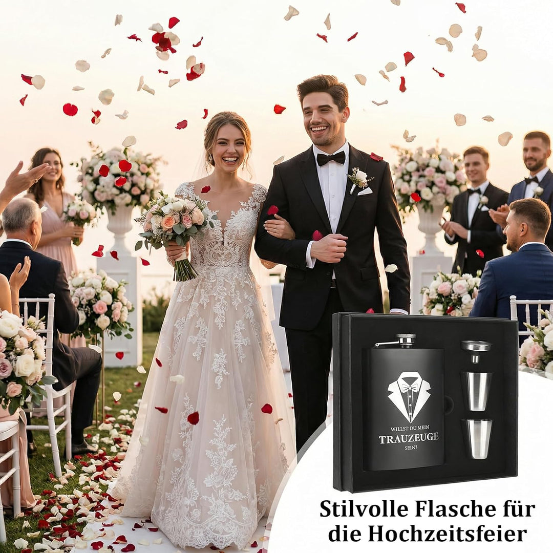 Willst Du Mein Trauzeuge Sein Flachmann Mit Gravur In Schwarz, Einzigartiges Geschenkset Mit Trinkbe