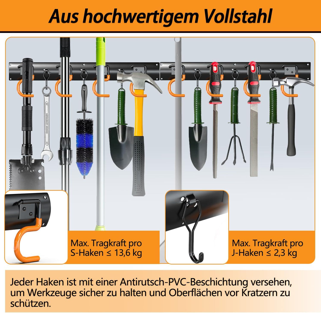 3-H Wandhalterung für Gartengeräte 4X 42cm Vollstahl mit Mini-Haken,Schwarz 42cm 4×42cm mit Haken, 4