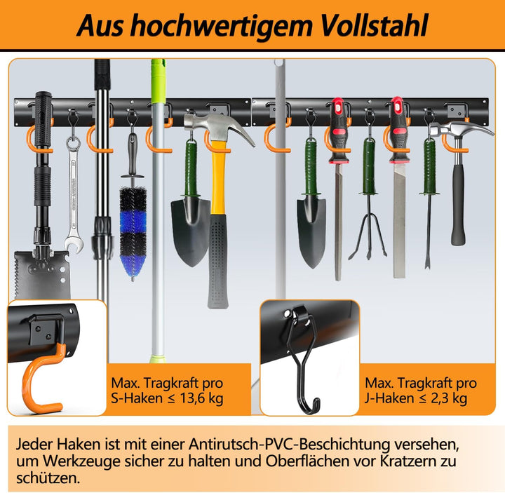 3-H Wandhalterung für Gartengeräte 4X 42cm Vollstahl mit Mini-Haken,Schwarz 42cm 4×42cm mit Haken, 4