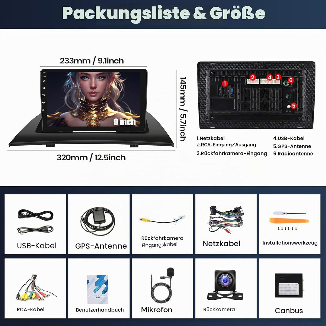 CAMECHO 2+64G 9 Zoll Navi Autoradio für BMW X3 E83 2004-2010 Android 13 mit Rückfahrkamera, GPS, WiF