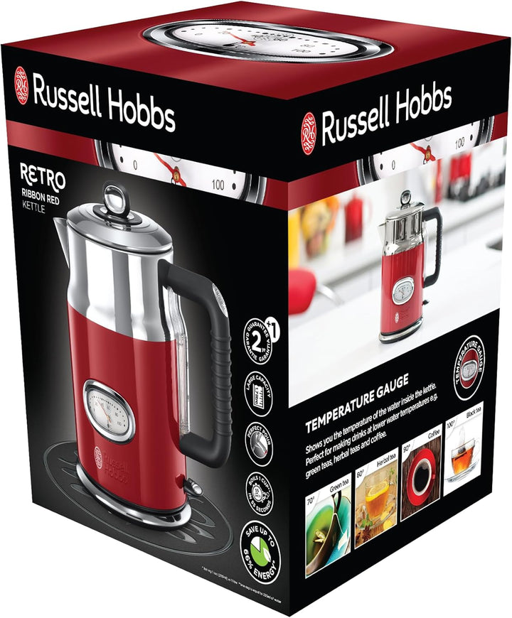 Russell Hobbs Wasserkocher [1,7l, 2400W] Retro Rot & poliertet Edelstahl (Schnellkochfunktion, Wasse