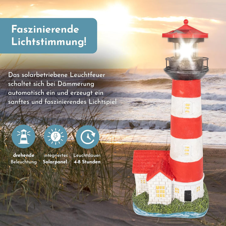 NATIV LEMODO Gartendeko Leuchtturm mit rotierendem Leuchtfeuer | Handbemalte Gartenfigur mit Solarle