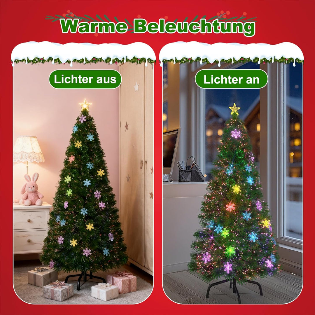 Aufun Weihnachtsbaum Künstlicher 210 cm mit LED Glasfaser und Schneeflocken Weihnachtsdeko Christbau
