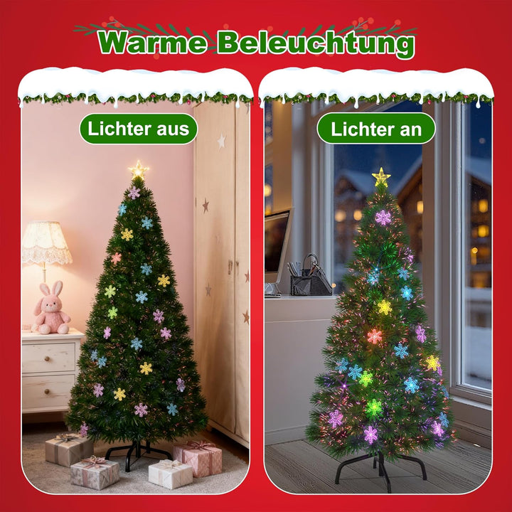 Aufun Weihnachtsbaum Künstlicher 210 cm mit LED Glasfaser und Schneeflocken Weihnachtsdeko Christbau