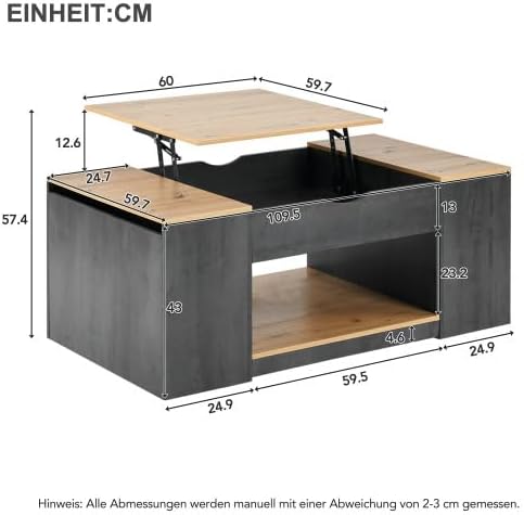 Merax Höhenverstellbarer Couchtisch mit Holzmaserung, Grauer Korpus & Geheime Stauräume, 109cm Kaffe