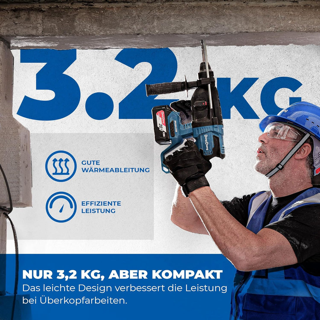 DongCheng Akku Bohrhammer 18V, Schlagenergie 2.7 J, mit 4 Stück SDS-plus, Bohren bis 28 mm, Bürstenl