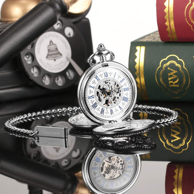 TREEWETO Taschenuhr mit Kette Herren Analog Mechanisch Handaufzug Doppelscharnier Antik Drache Römis